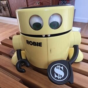 Vintage RadioShack Robie the Banker robot coin bank. 1980s